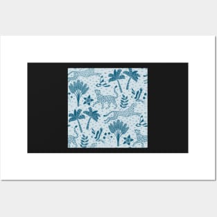 cheetahs and parrots in the jungle | blue monochrome | repeat pattern Posters and Art